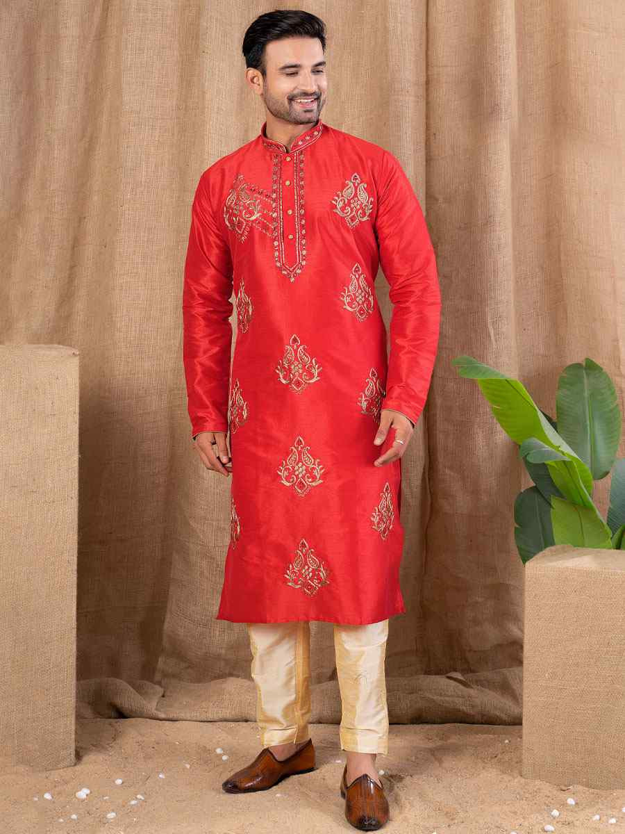 Red Art Silk Embroidery Festival Wedding Party Mens Kurta
