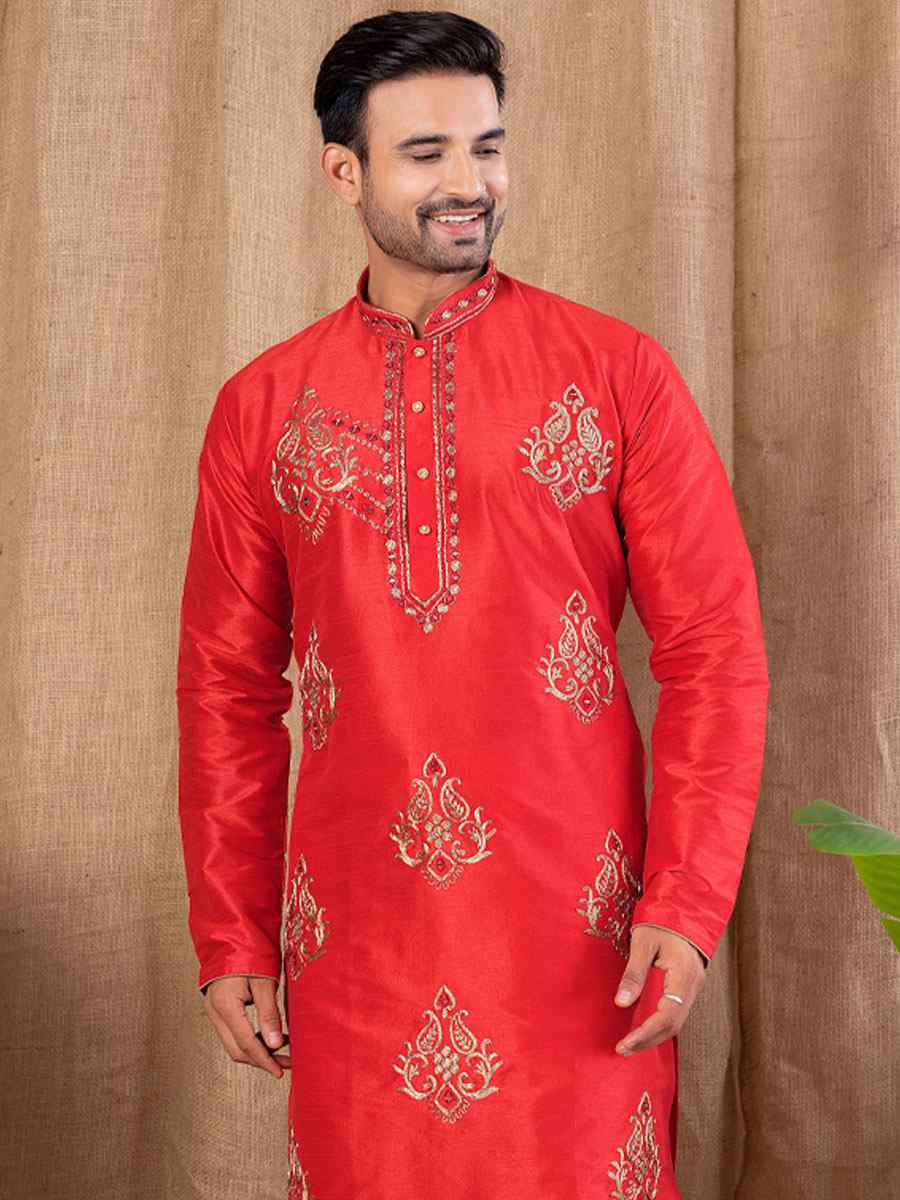 Red Art Silk Embroidery Festival Wedding Party Mens Kurta