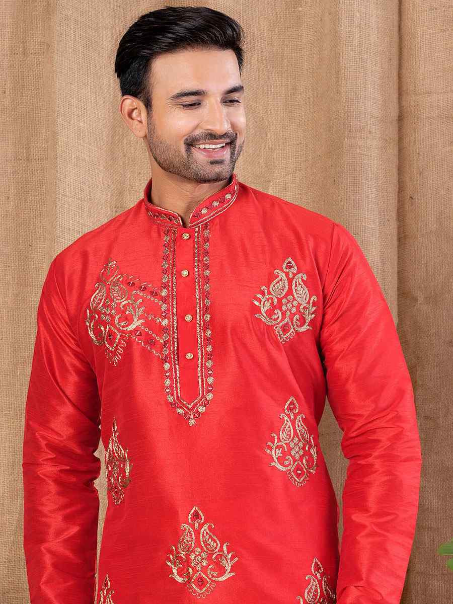 Red Art Silk Embroidery Festival Wedding Party Mens Kurta