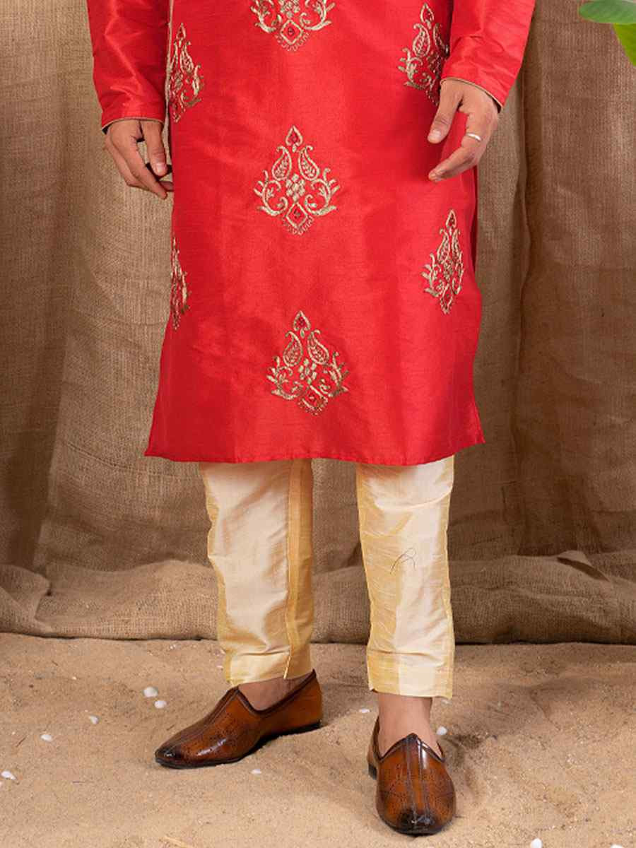 Red Art Silk Embroidery Festival Wedding Party Mens Kurta
