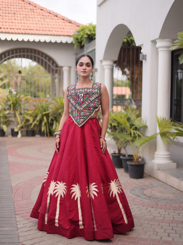 Image of Red Art Silk Embroidery Wedding Reception Festival Party Wear Circular Lehenga Choli