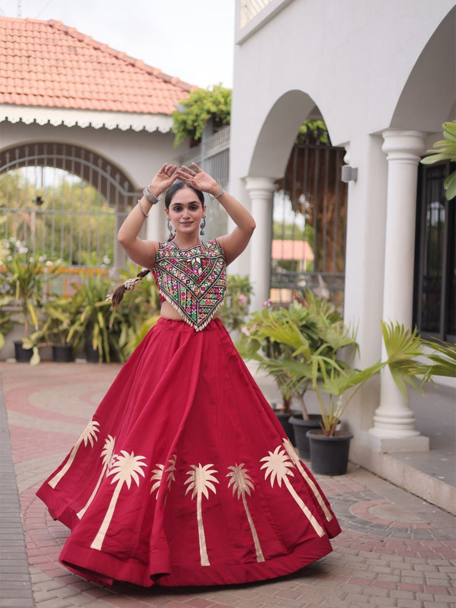 Red Art Silk Embroidery Wedding Reception Festival Party Wear Circular Lehenga Choli