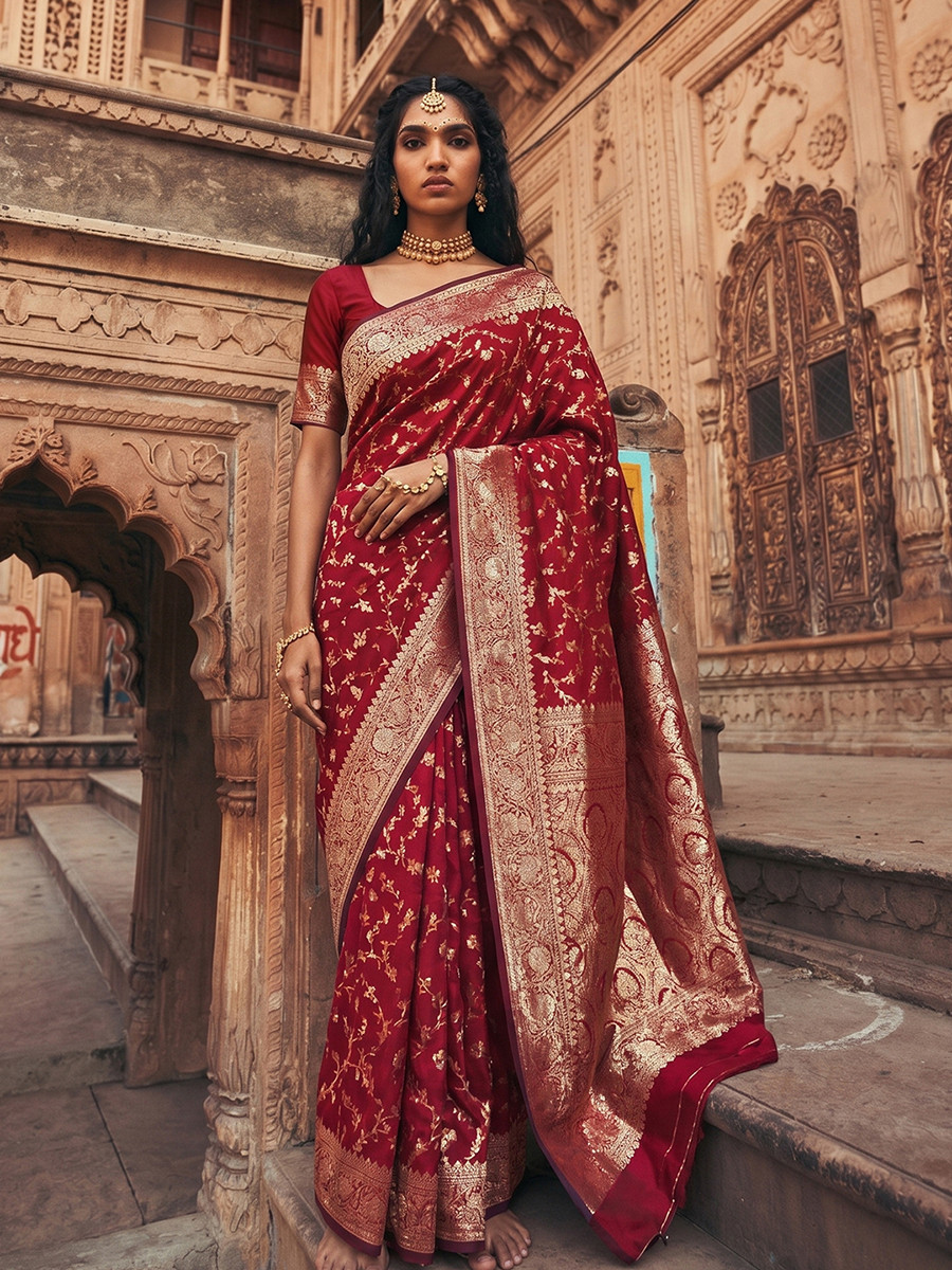 Red Art Silk Jacquard Wedding Reception Party Festival Casual Heavy Border Sarees