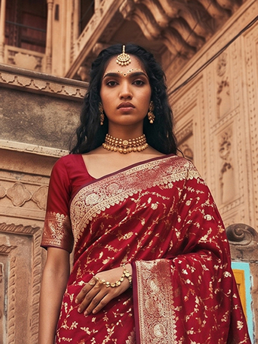 Red Art Silk Jacquard Wedding Reception Party Festival Casual Heavy Border Sarees