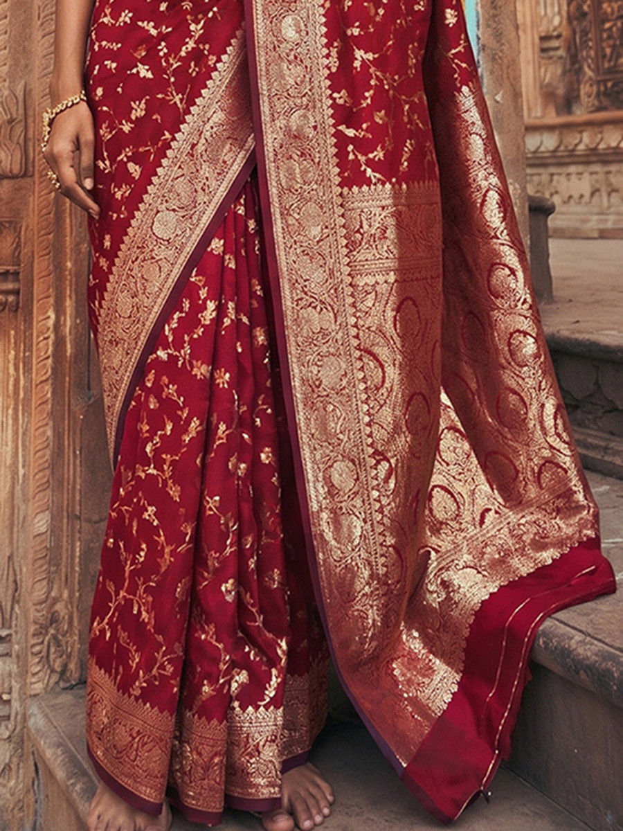 Red Art Silk Jacquard Wedding Reception Party Festival Casual Heavy Border Sarees