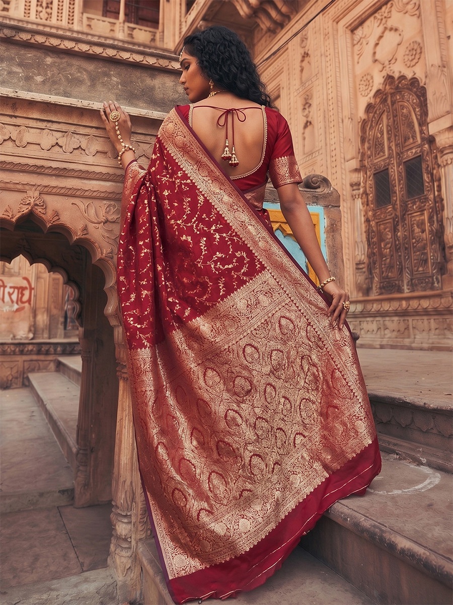 Red Art Silk Jacquard Wedding Reception Party Festival Casual Heavy Border Sarees