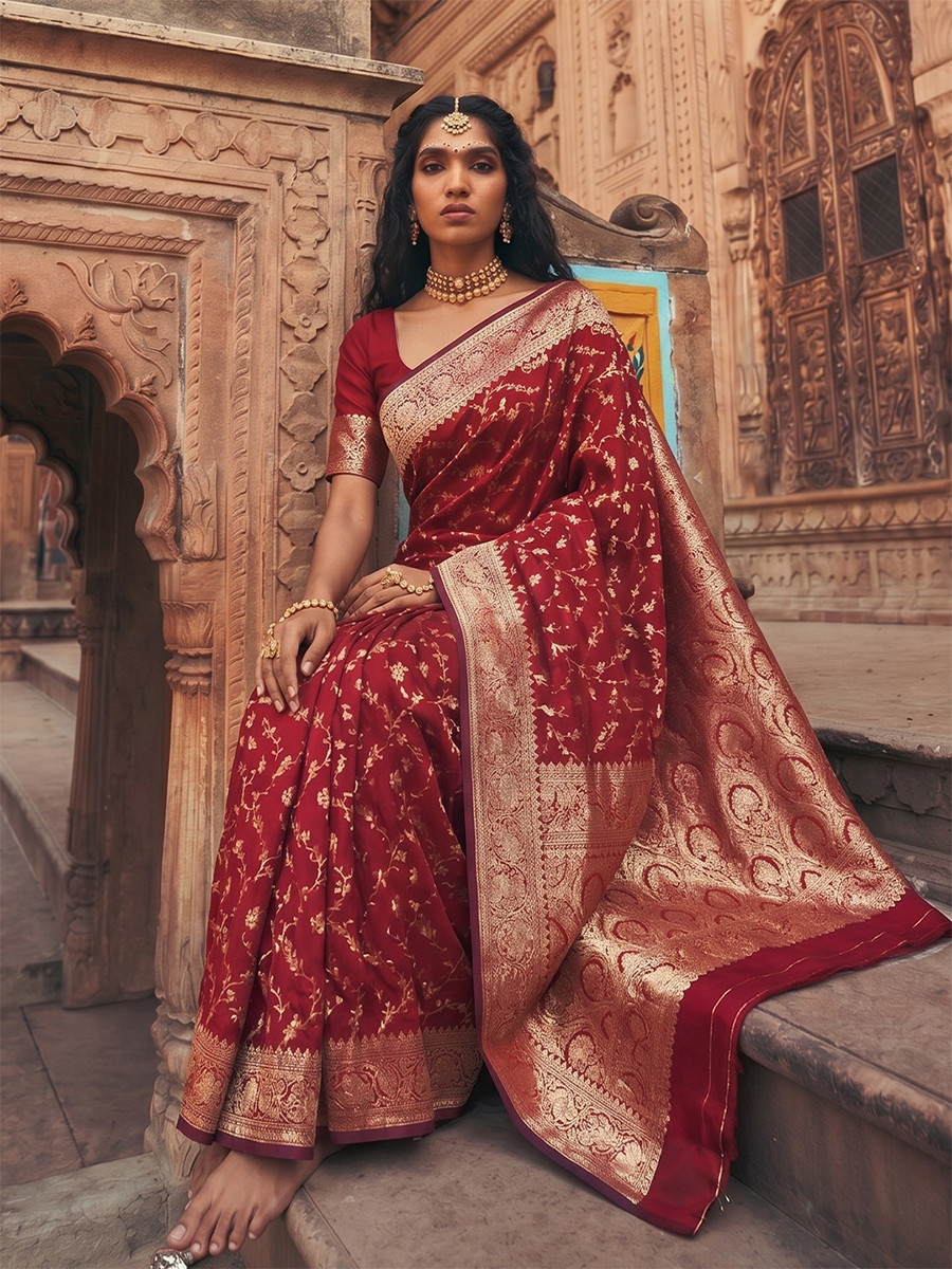 Red Art Silk Jacquard Wedding Reception Party Festival Casual Heavy Border Sarees