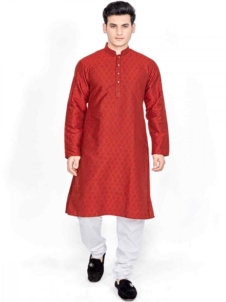 Red Art Silk Woven Festival Kurta