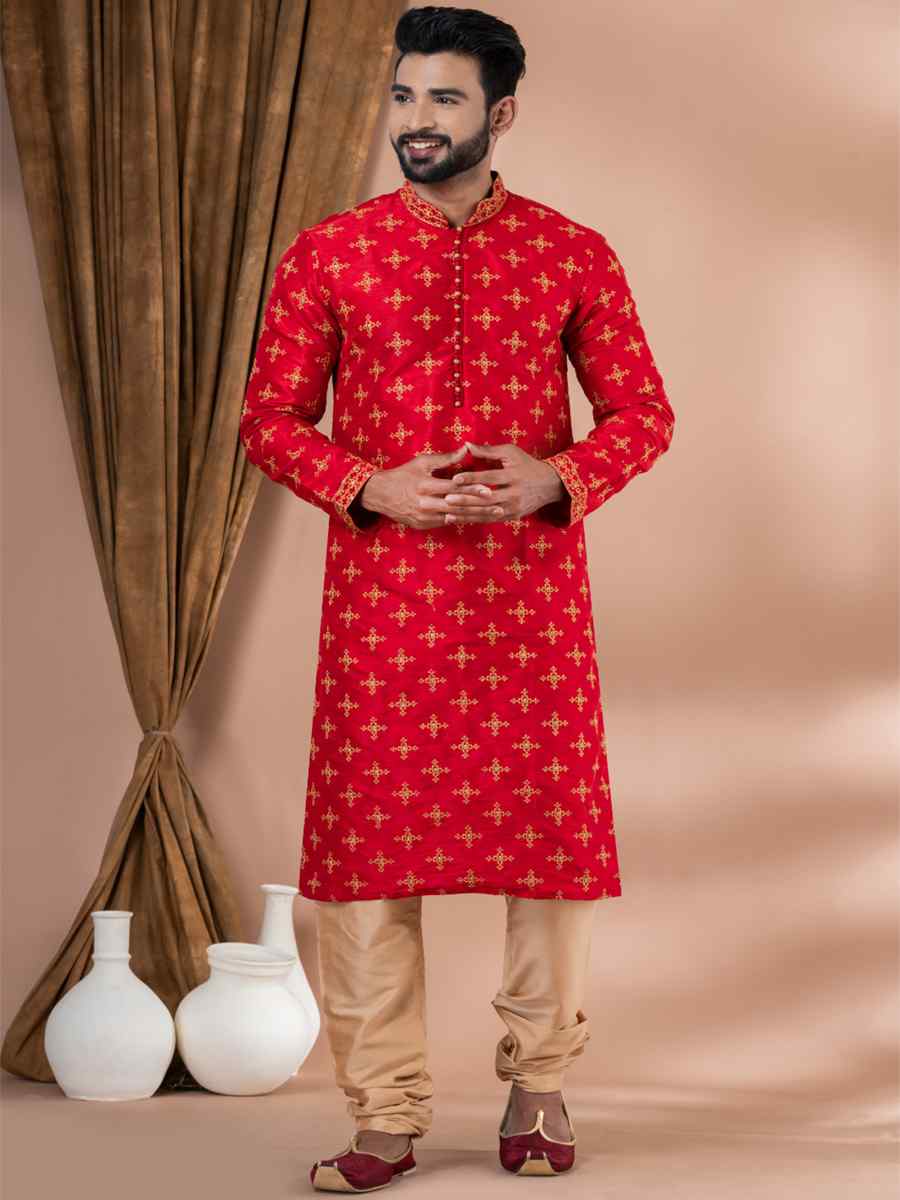Red Banarasi Dhupion Silk Embroidered Festival Party Kurta