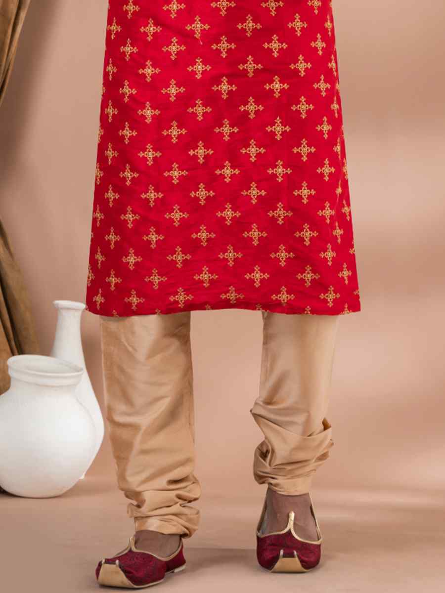 Red Banarasi Dhupion Silk Embroidered Festival Party Kurta