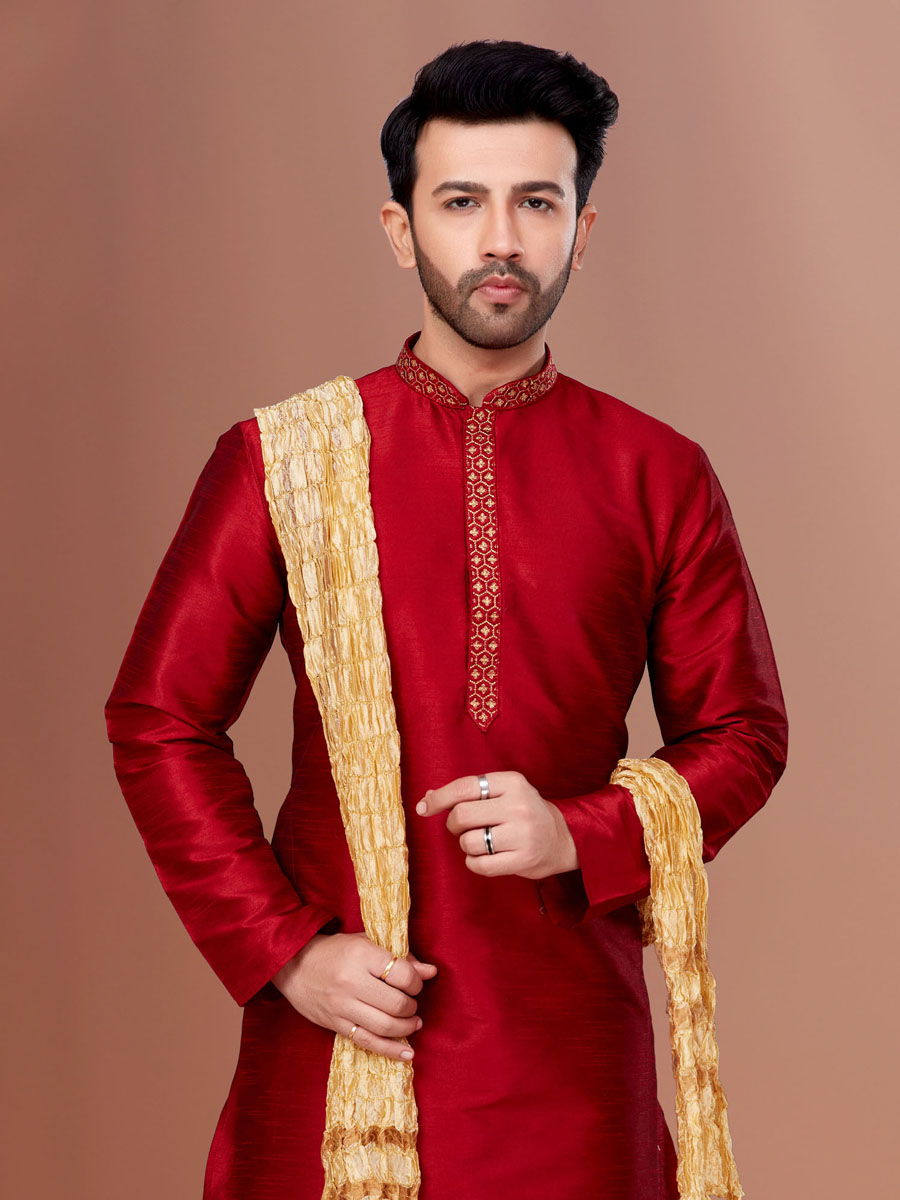 Red Banarasi Dhupion Woven Festival Kurta