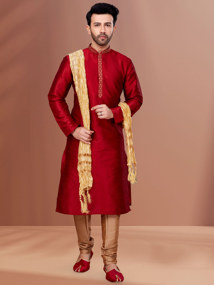 Red Banarasi Dhupion Woven Festival Kurta