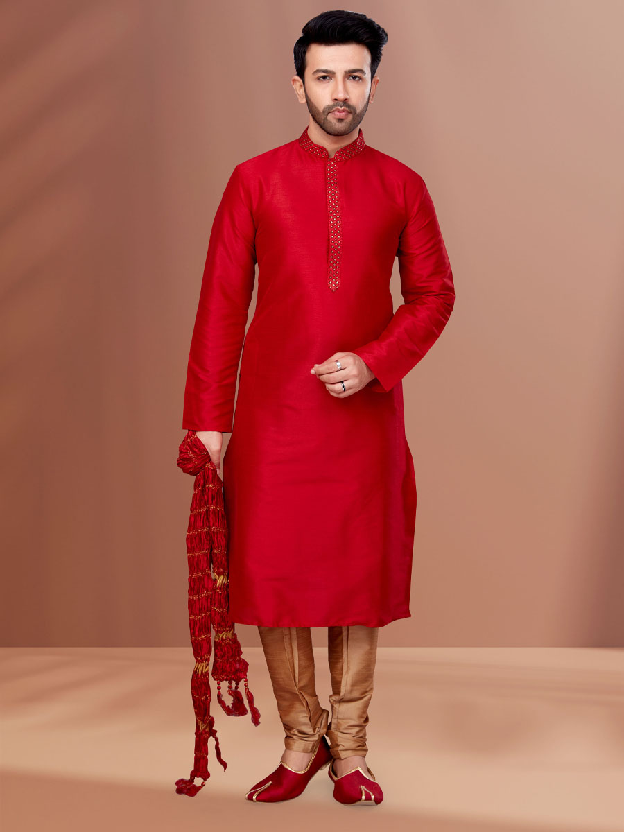 Red Banarasi Dhupion Woven Festival Kurta