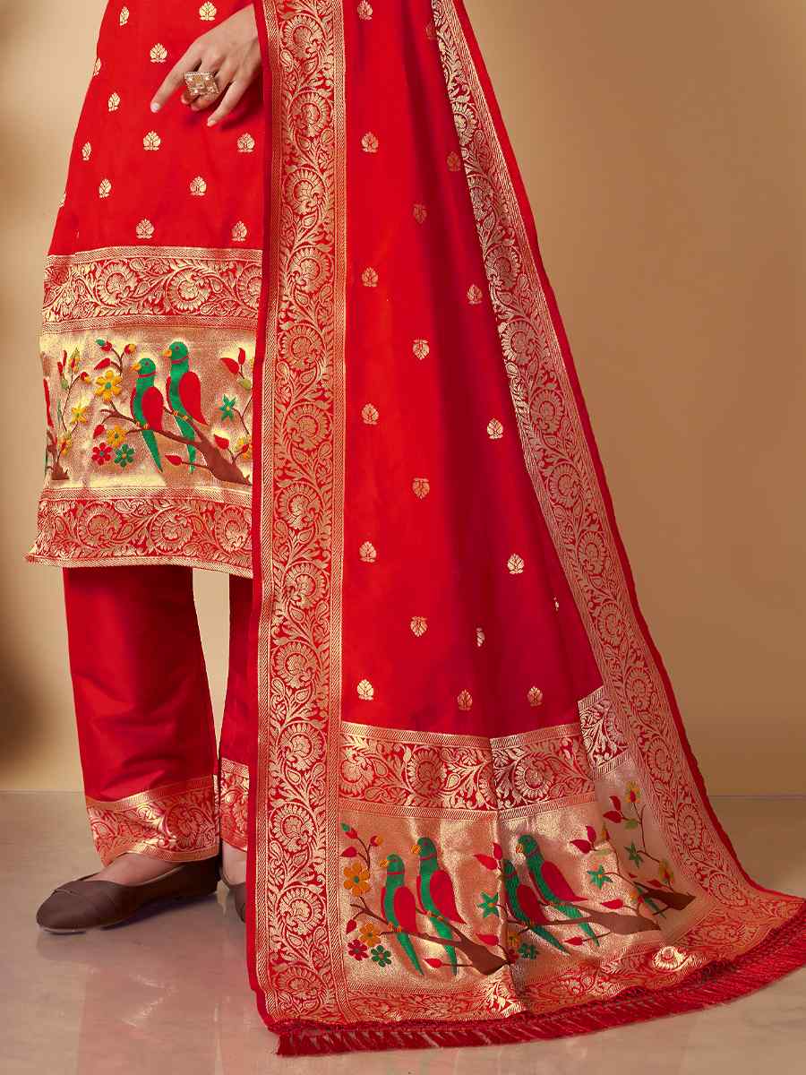 Red Banarasi Handwoven Mehendi Festival Pant Salwar Kameez