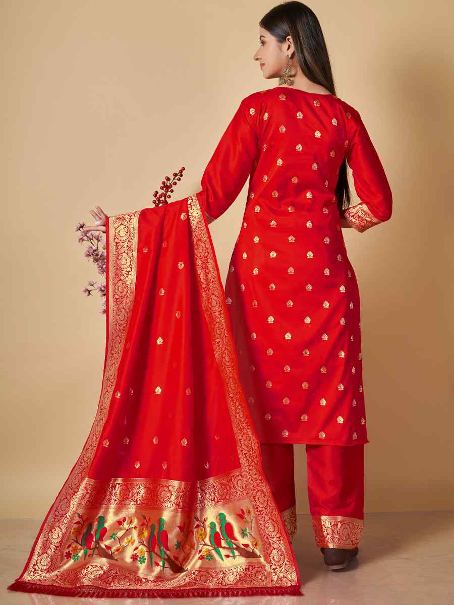 Red Banarasi Handwoven Mehendi Festival Pant Salwar Kameez