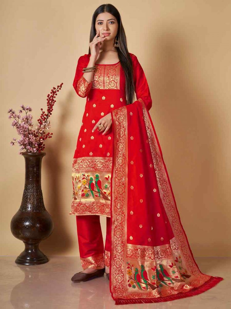 Red Banarasi Handwoven Mehendi Festival Pant Salwar Kameez