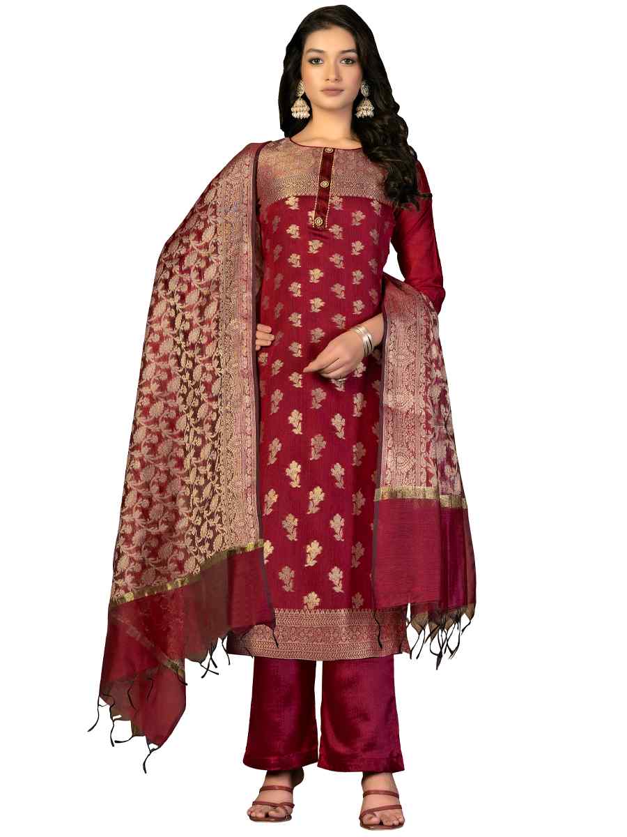 Red Banarasi Jacquard Handwoven Casual Festival Pant Salwar Kameez