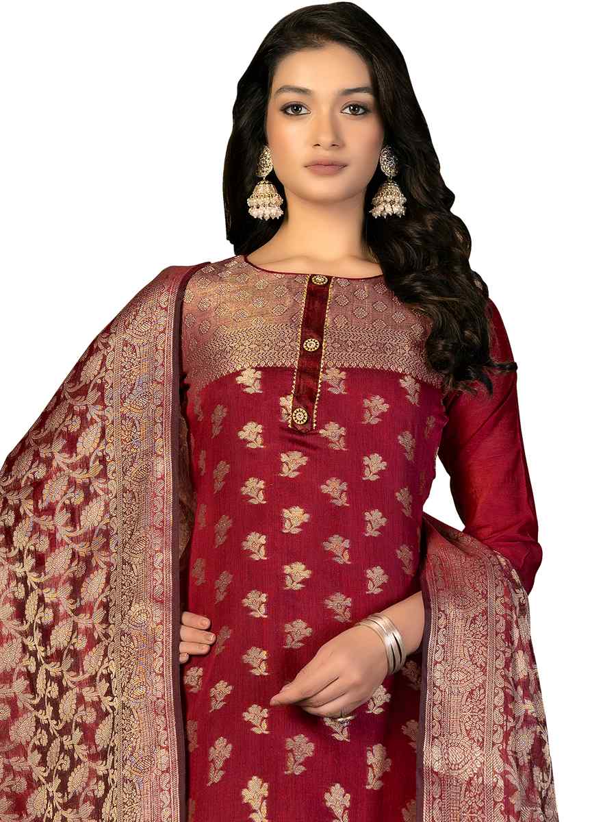 Red Banarasi Jacquard Handwoven Casual Festival Pant Salwar Kameez