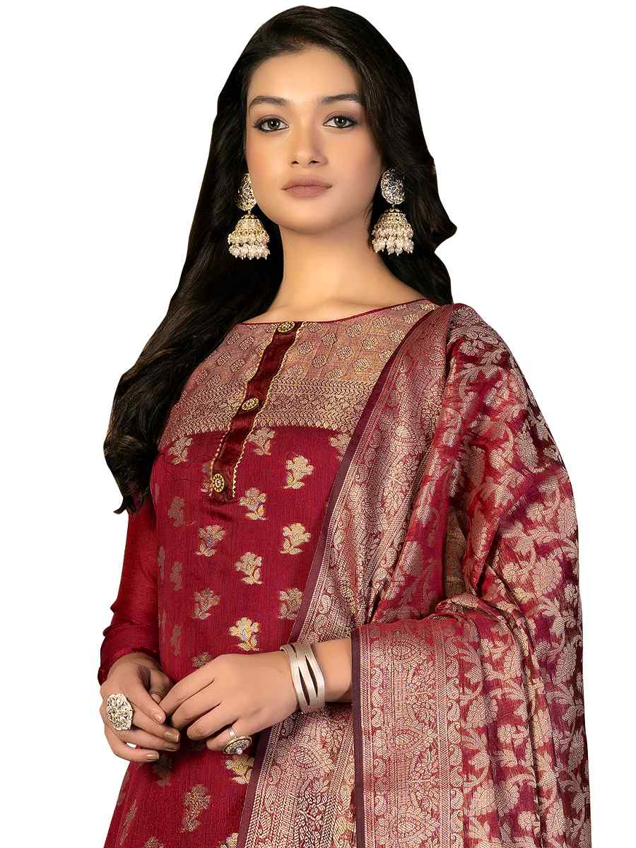 Red Banarasi Jacquard Handwoven Casual Festival Pant Salwar Kameez