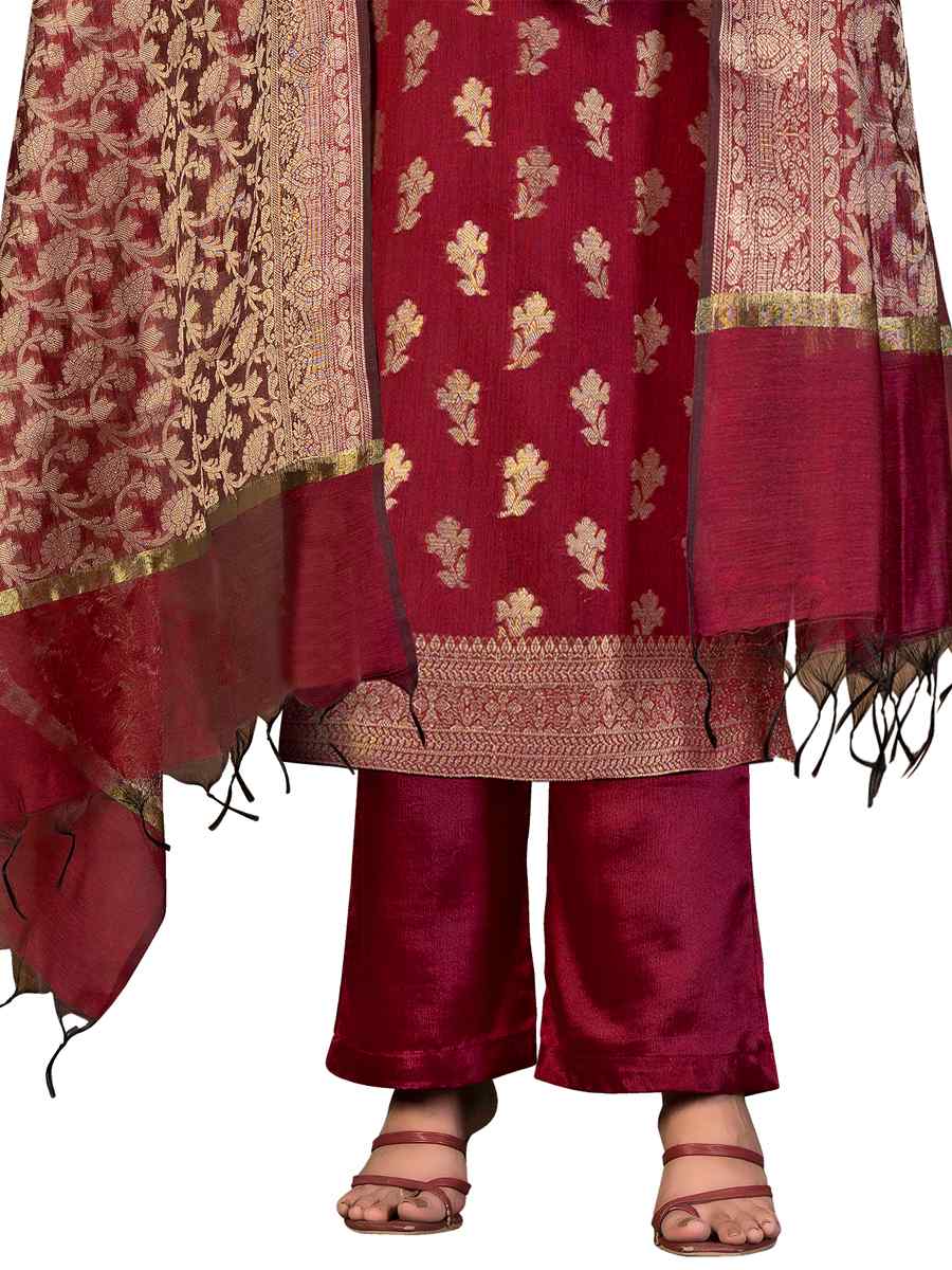 Red Banarasi Jacquard Handwoven Casual Festival Pant Salwar Kameez