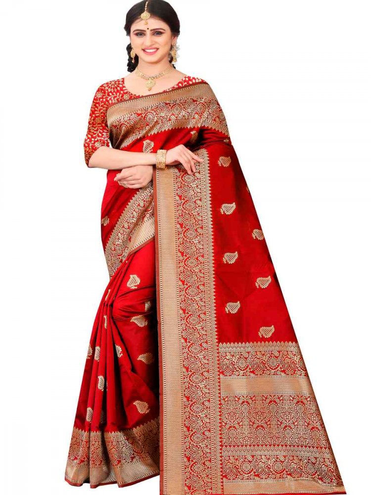 Red Banarasi Jacquard Handwoven Wedding Festival Heavy Border Saree