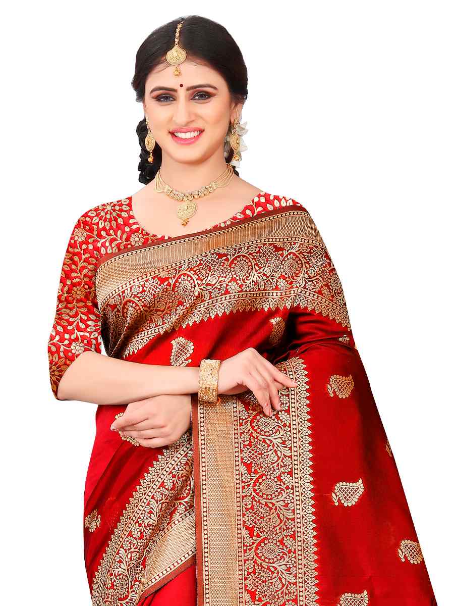 Red Banarasi Jacquard Handwoven Wedding Festival Heavy Border Saree
