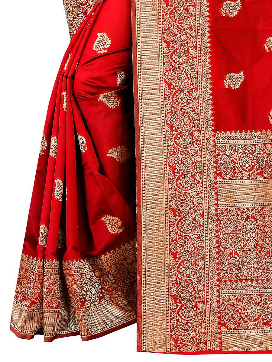 Red Banarasi Jacquard Handwoven Wedding Festival Heavy Border Saree