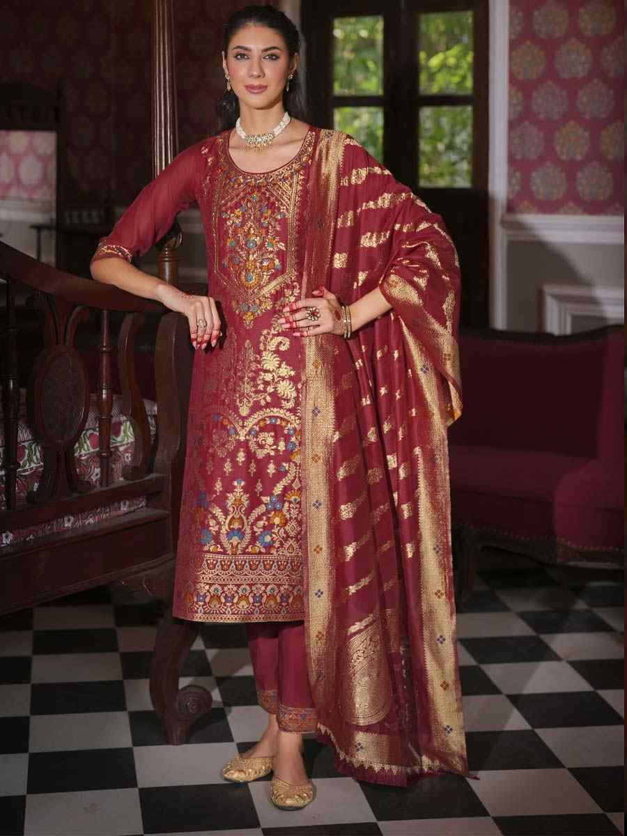 Red Banarasi Jacquard Silk Embroidered Festival Mehendi Ready Pant Salwar Kameez
