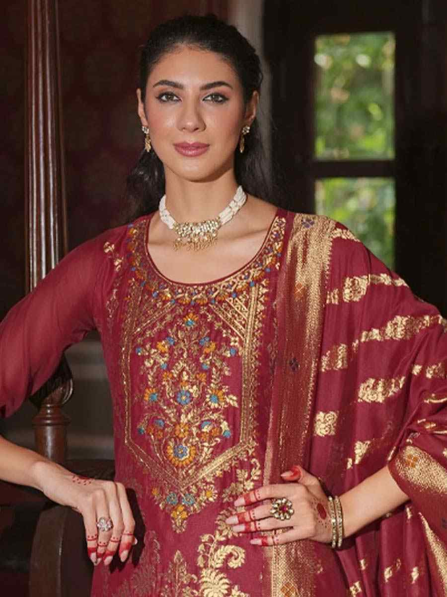 Red Banarasi Jacquard Silk Embroidered Festival Mehendi Ready Pant Salwar Kameez