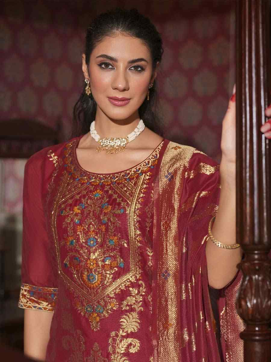 Red Banarasi Jacquard Silk Embroidered Festival Mehendi Ready Pant Salwar Kameez