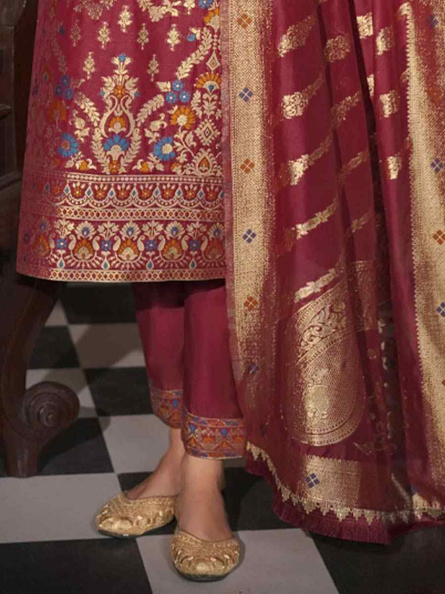 Red Banarasi Jacquard Silk Embroidered Festival Mehendi Ready Pant Salwar Kameez