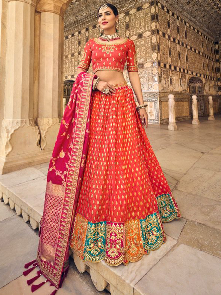 Red Banarasi Silk Embroidered Festival Wedding Circular Lehenga Choli