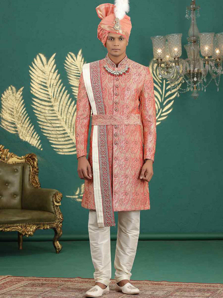 Image of Red Banarasi Silk Embroidered Festival Wedding Mens Sherwani