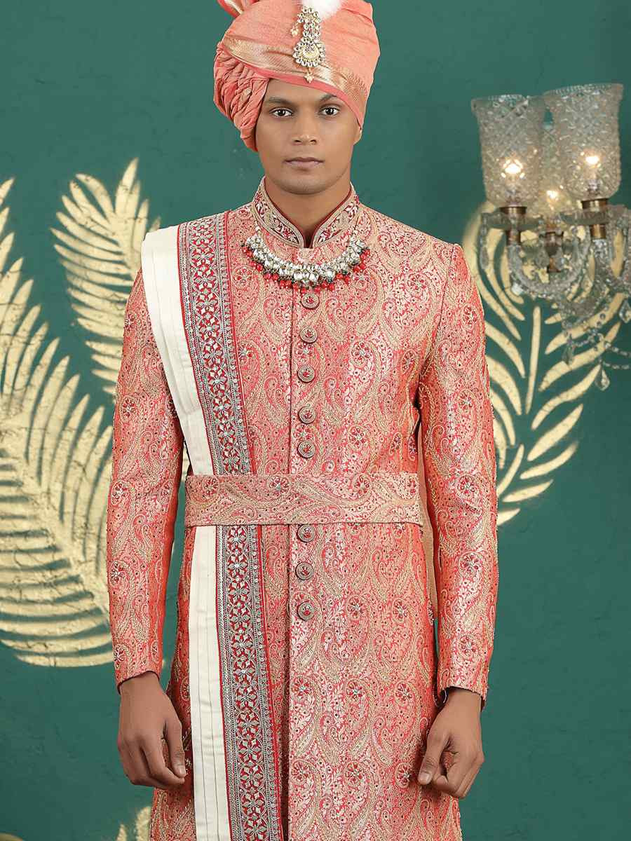 Red Banarasi Silk Embroidered Festival Wedding Mens Sherwani