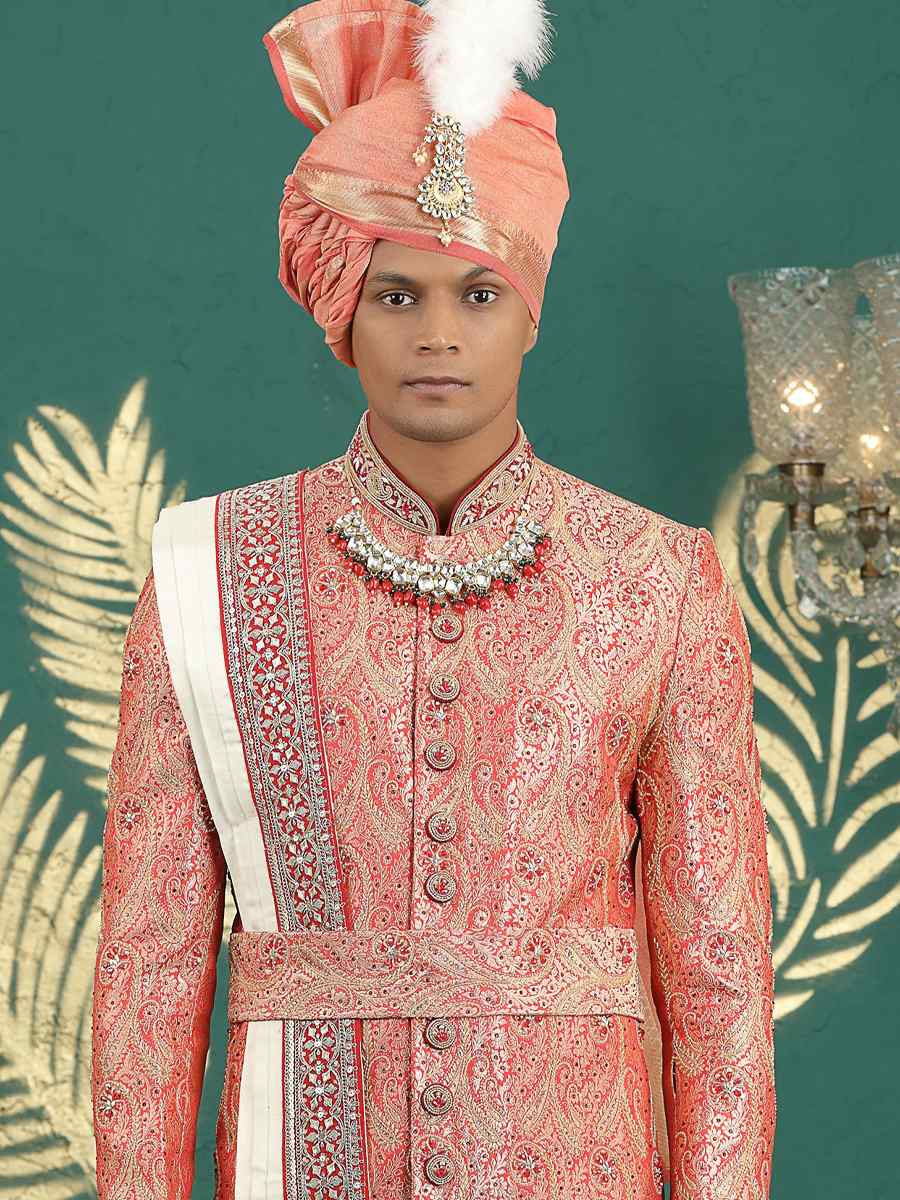 Red Banarasi Silk Embroidered Festival Wedding Mens Sherwani