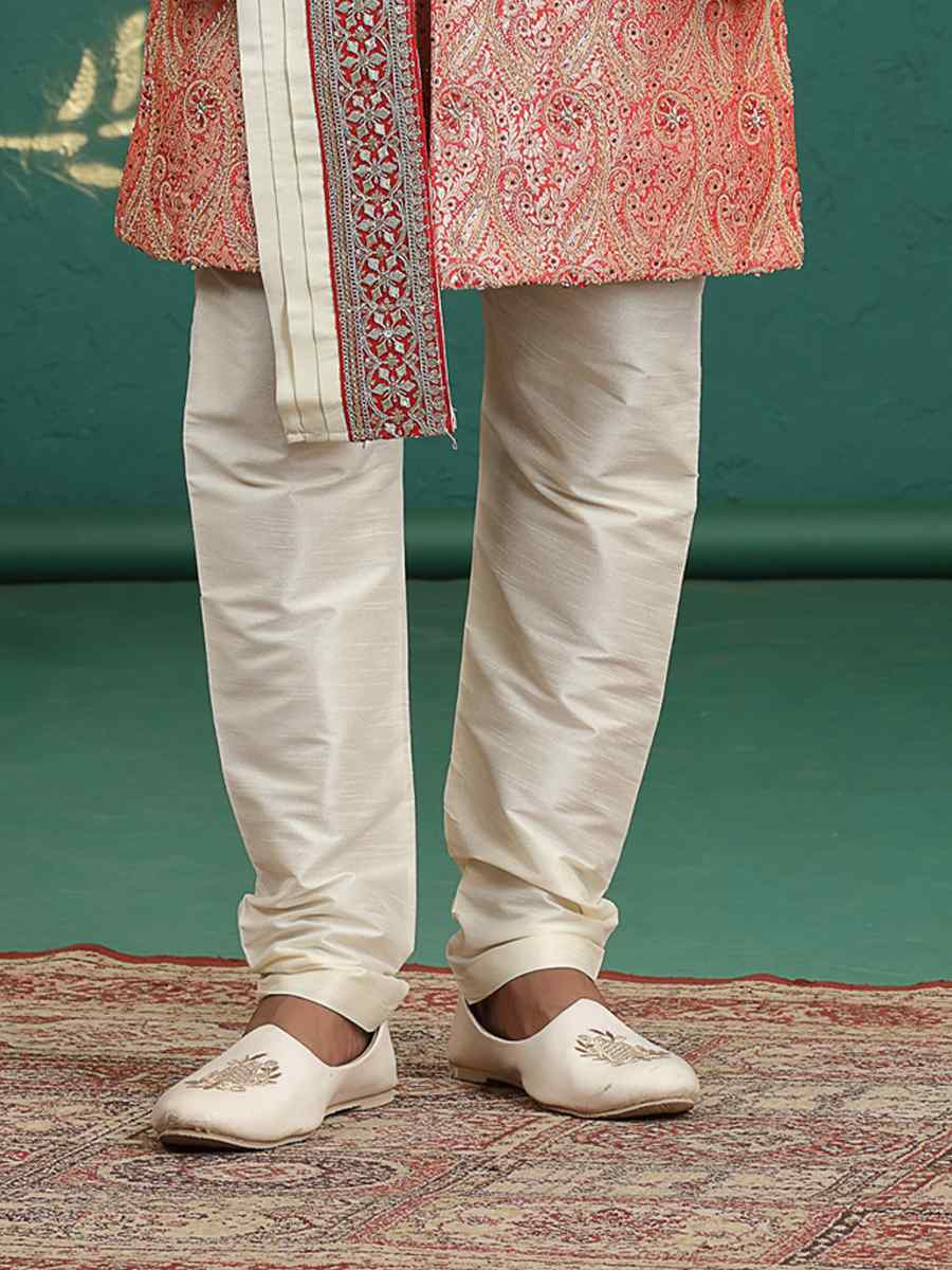 Red Banarasi Silk Embroidered Festival Wedding Mens Sherwani