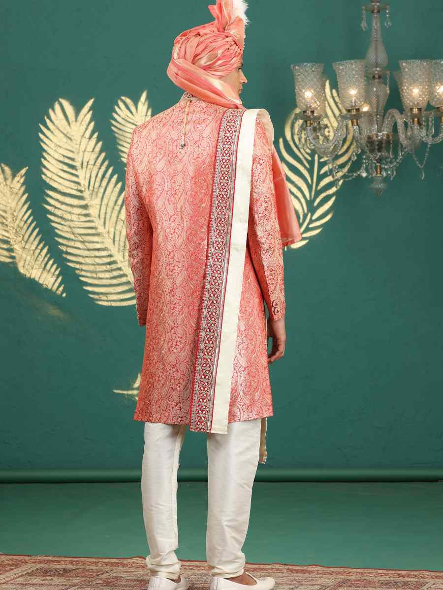 Red Banarasi Silk Embroidered Festival Wedding Mens Sherwani