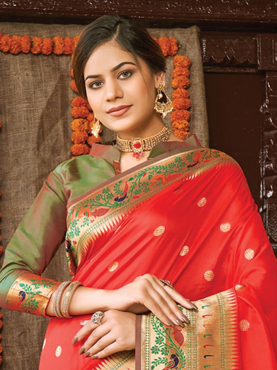 Red Banarasi Silk Handwoven Festival Saree