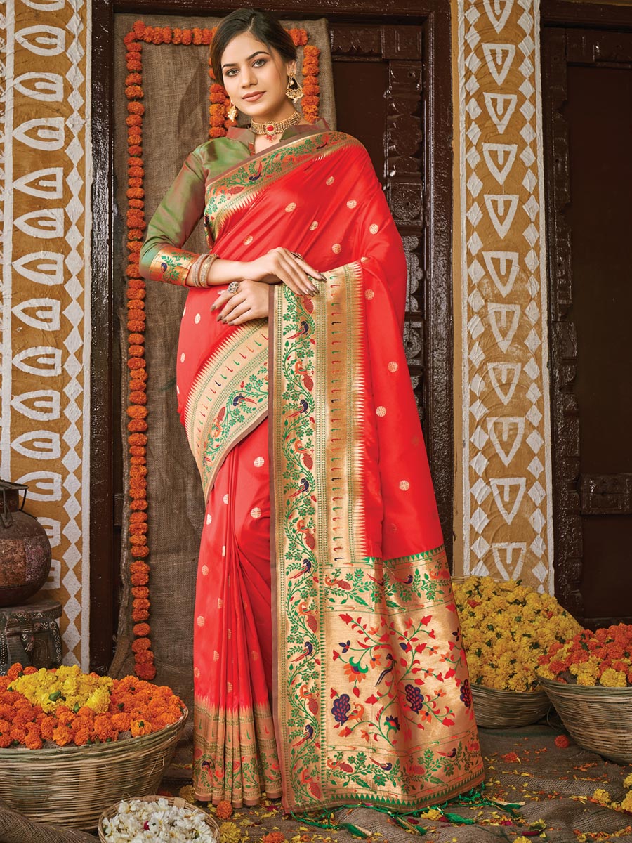 Red Banarasi Silk Handwoven Festival Saree