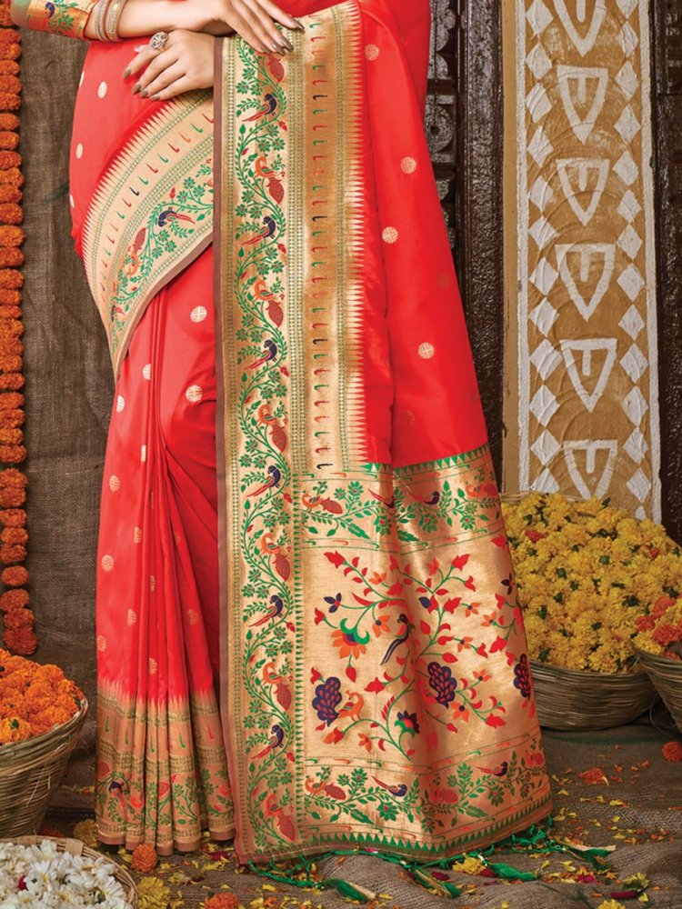 Red Banarasi Silk Handwoven Festival Saree