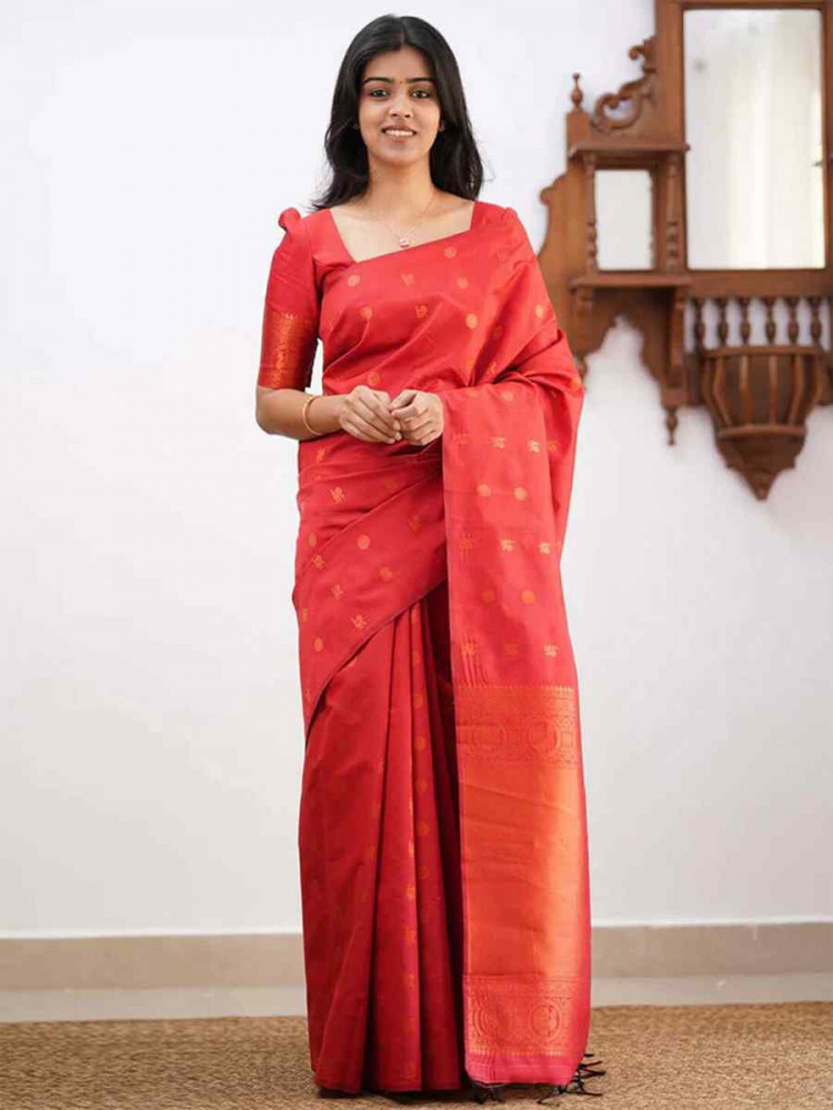 Image of Red Banarasi Silk Handwoven Festival Wedding Fancy Heavy Border Saree