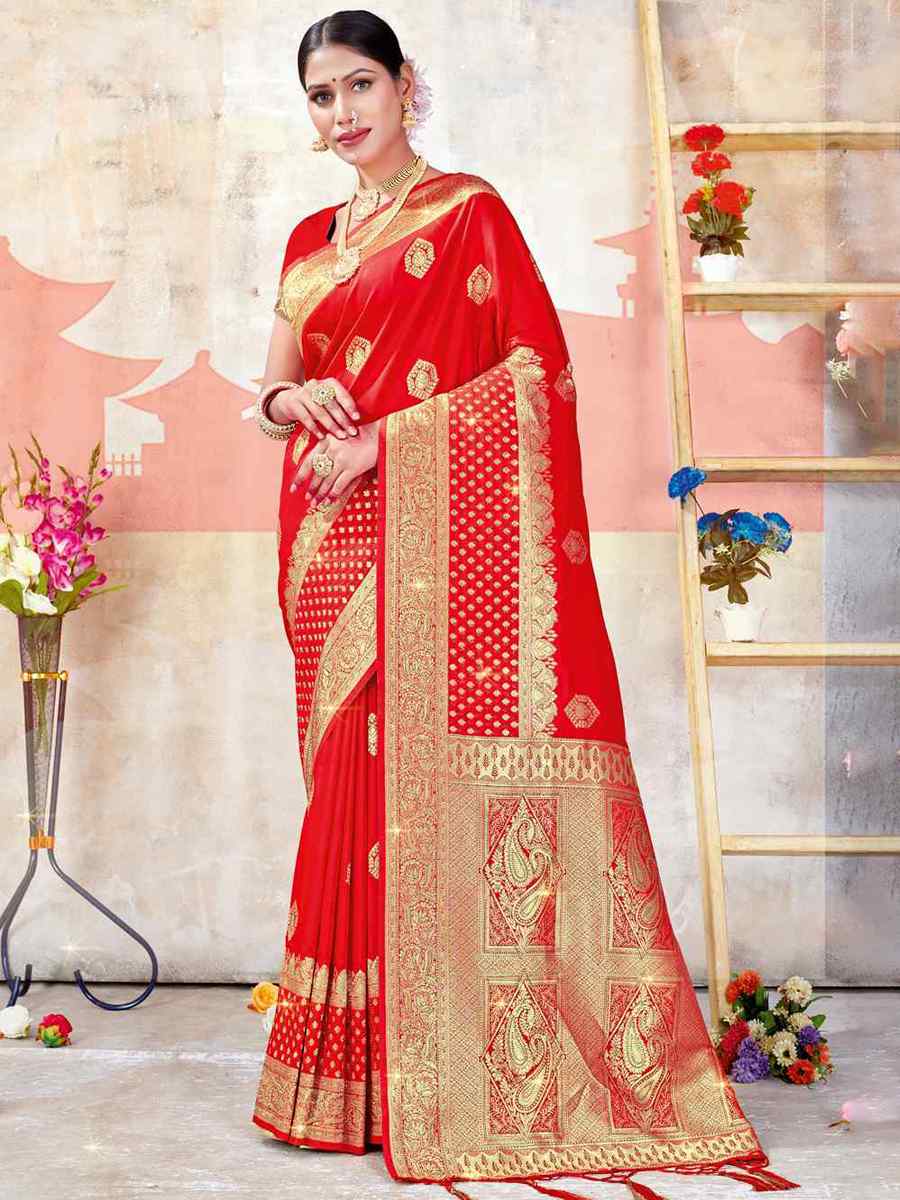 Red Banarasi Silk Handwoven Wedding Festival Heavy Border Saree