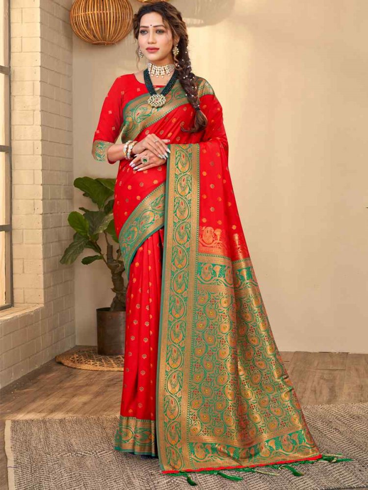 Red Banarasi Silk Handwoven Wedding Festival Heavy Border Saree