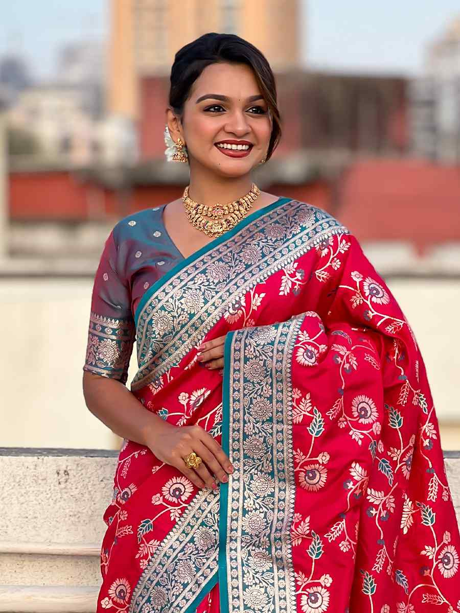 Red Banarasi Silk Handwoven Wedding Festival Heavy Border Saree