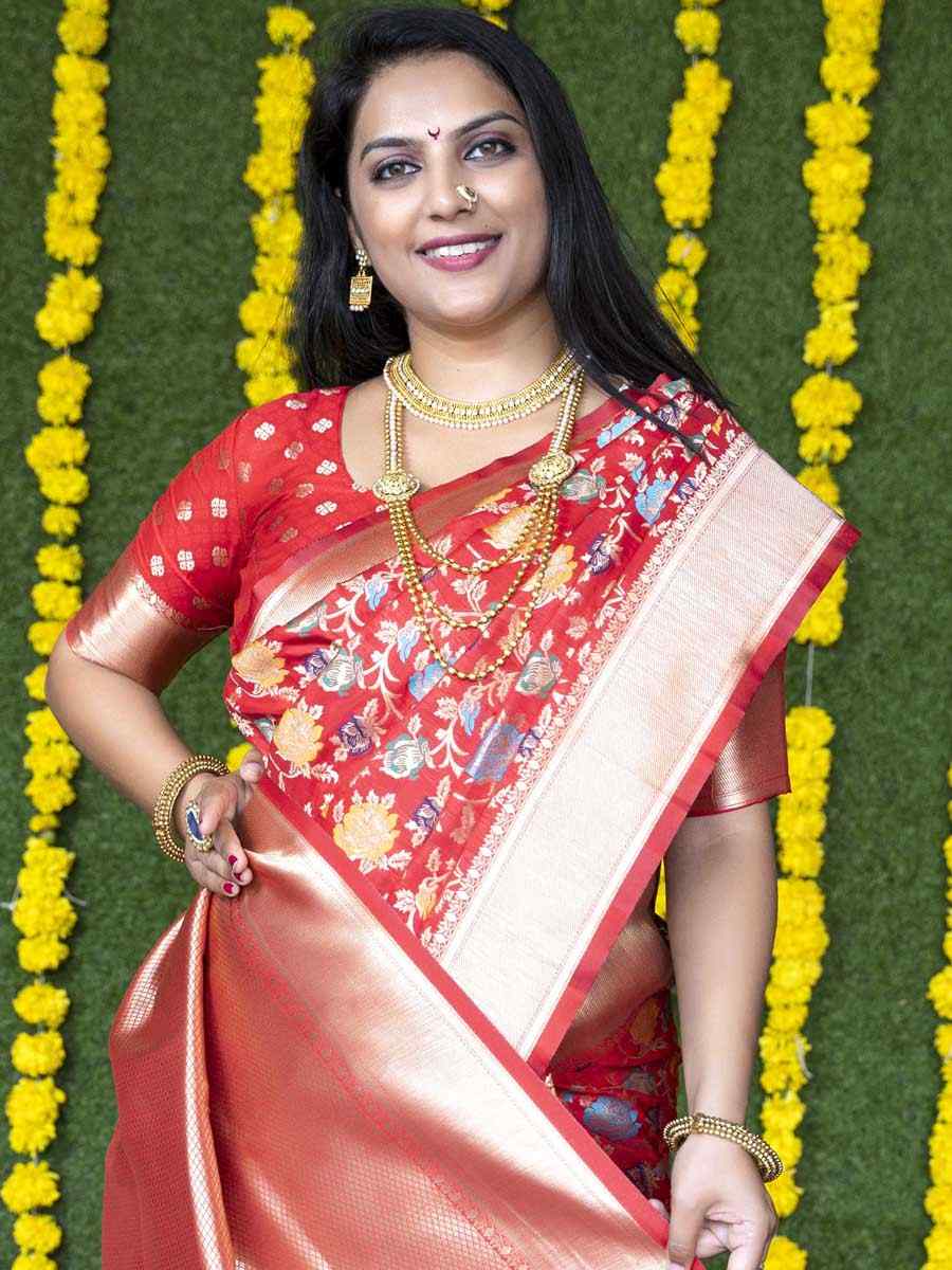 Red Banarasi Silk Handwoven Wedding Festival Heavy Border Saree