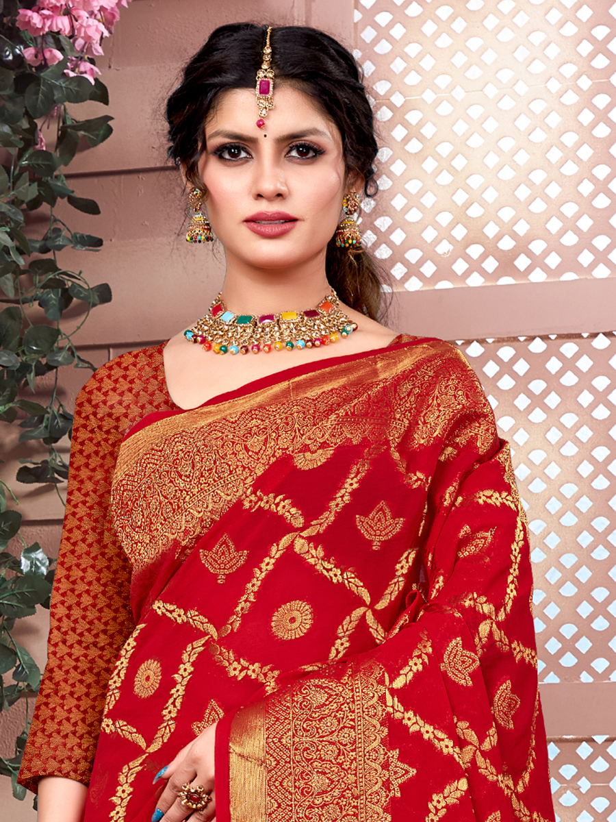 Red Banarasi Silk Handwoven Wedding Festival Heavy Border Saree