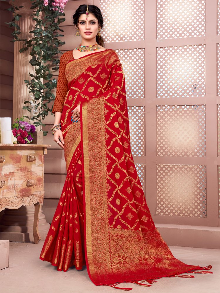 Red Banarasi Silk Handwoven Wedding Festival Heavy Border Saree