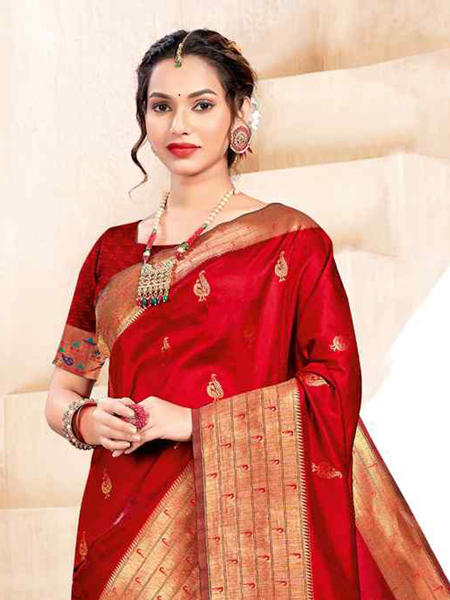 Red Banarasi Silk Handwoven Wedding Festival Heavy Border Saree