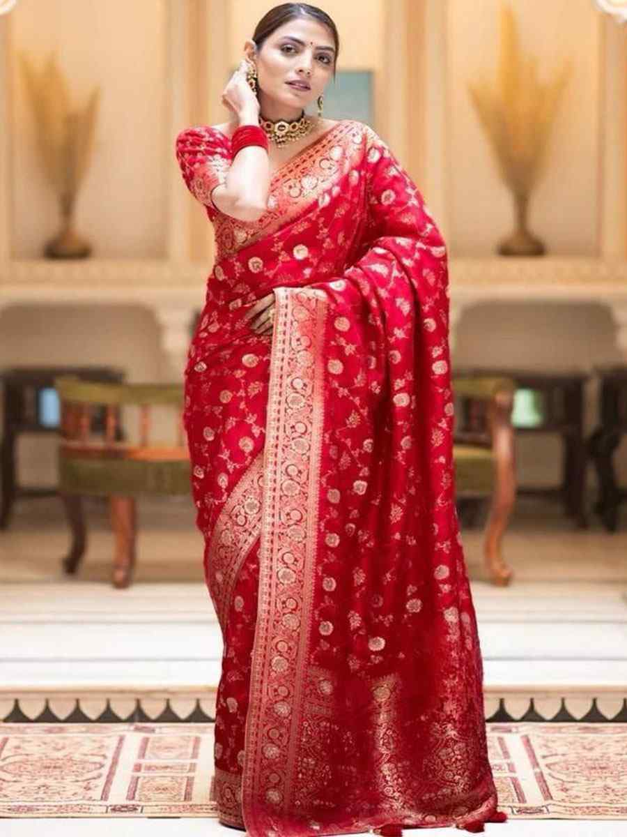 Red Banarasi Soft Silk Handwoven Wedding Festival Heavy Border Saree