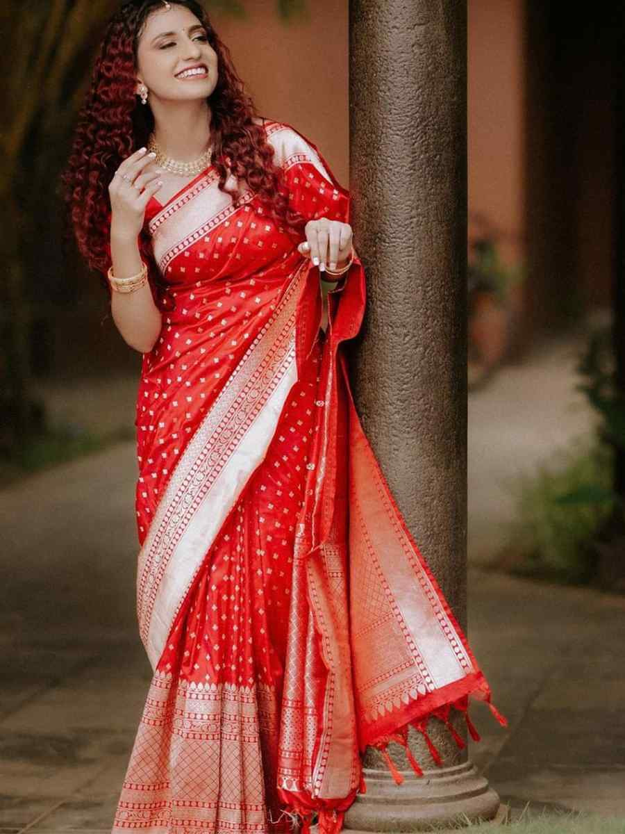 Red Banarasi Soft Silk Jacquard Festival Wear Fancy Heavy Border Saree